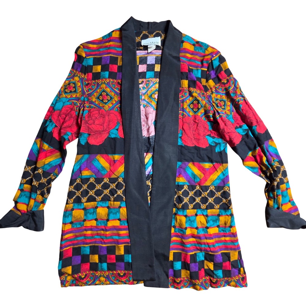 Vintage Sheri Martin Rayon Open Front Jacket Geometric M Maximalist 80s 90s